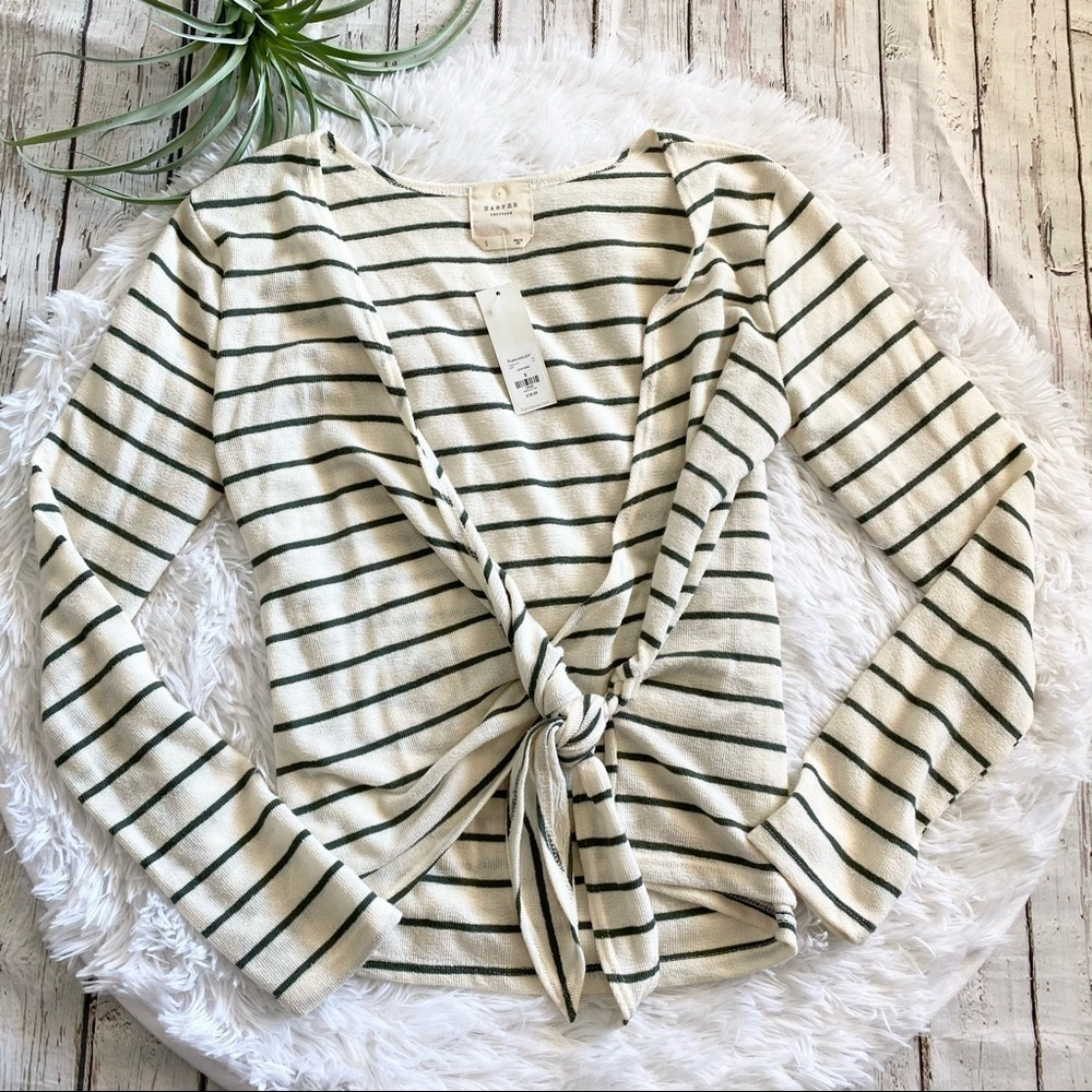 Francesca's Collection Harper Heritage ivory green stripe wrap top NWT small